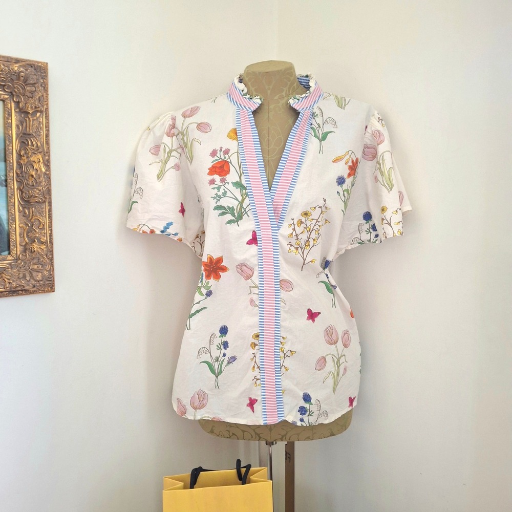 THML Floral Puff Sleeve Blouse XXL Botanical Striped Trim 100%Cotton Boho Luxury